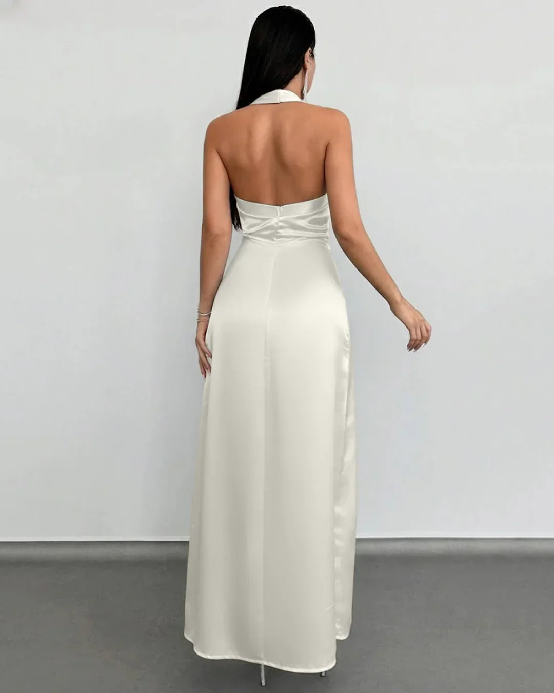 Halter Neck Ruched Backless Long Dress in Off White