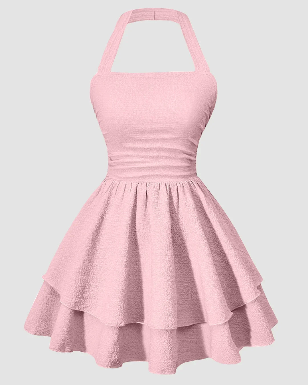 Halter Neck Ruched Waist Tiered Mini Dress in Baby Pink