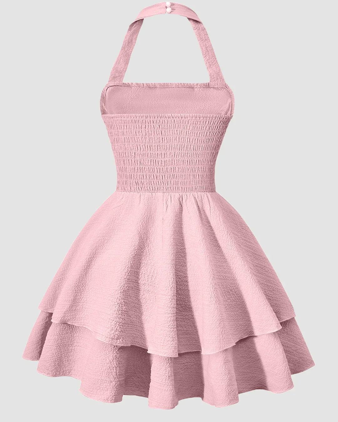 Halter Neck Ruched Waist Tiered Mini Dress in Baby Pink