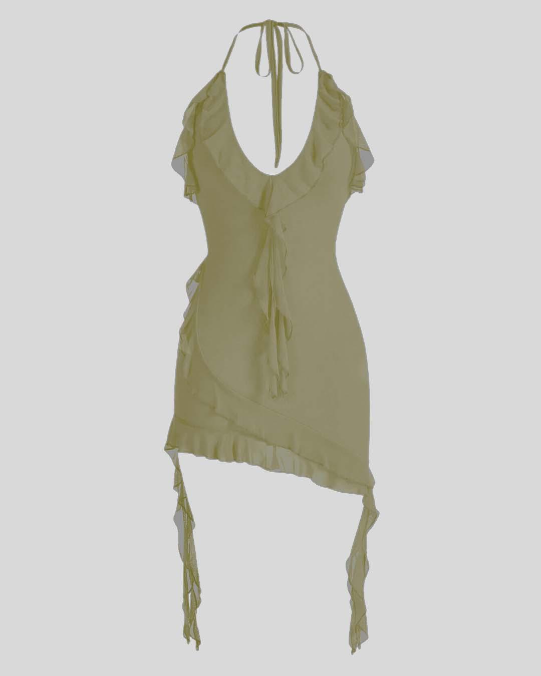Halter Neck Ruffle Green Mini Dress