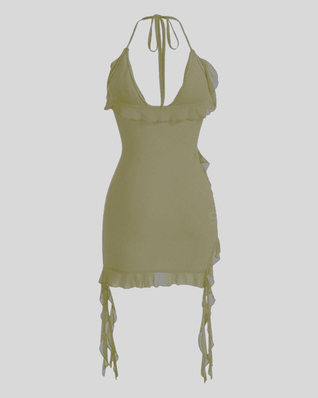 Halter Neck Ruffle Green Mini Dress