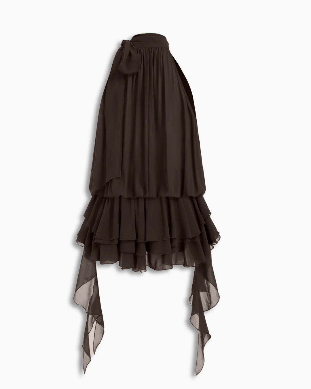 Halter Neck Ruffled Ruched Mini Dress in Brown