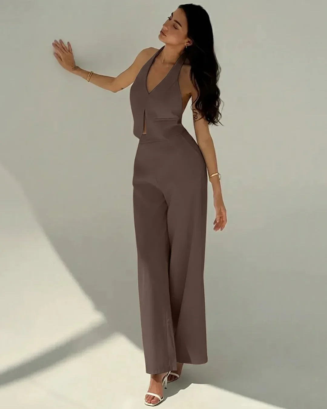 Halter Neck Sleeveless Top with Wide Leg Pants In Brown