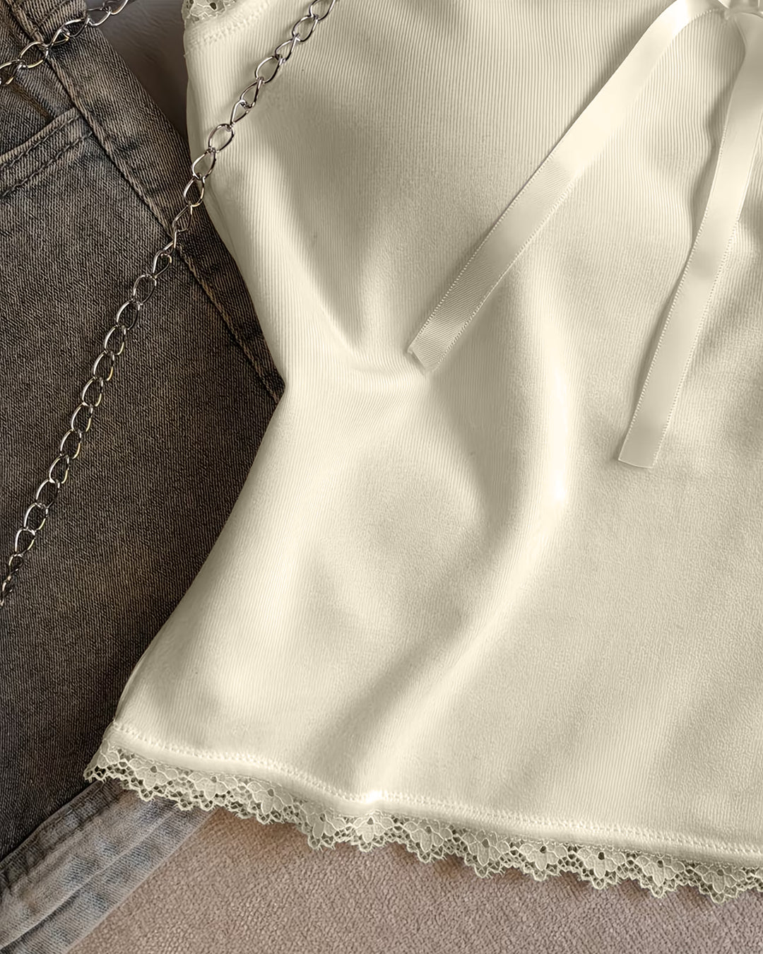 Halter Neck  Slim Fit Cropped Lace Detail Top in Beige