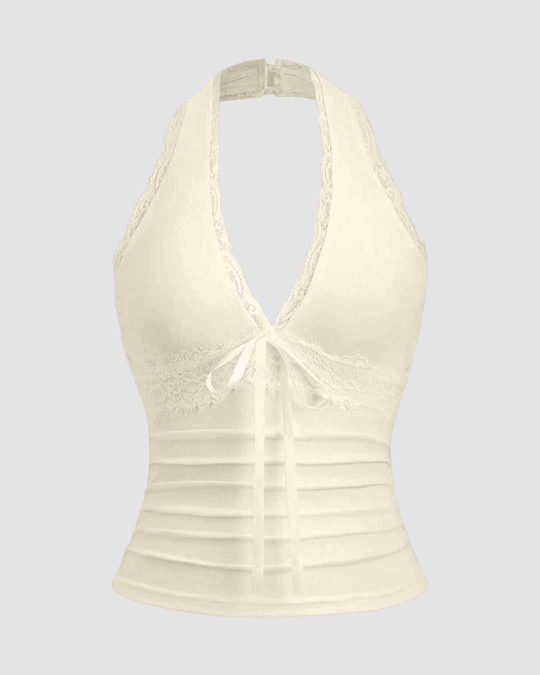 Halter Neck Slim Fit Straight Hem Contrast Lace Backless Sleeveless Top in Beige