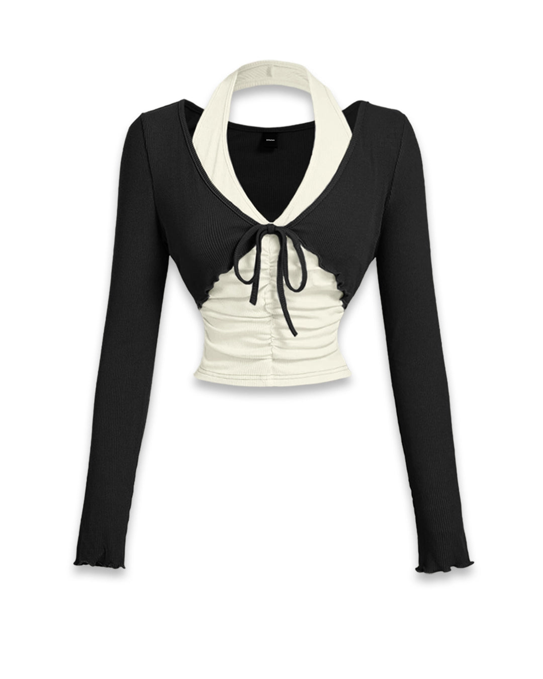 Halter Neck Straight Hem Full Sleeve 2-In-1 Crop Top in Black