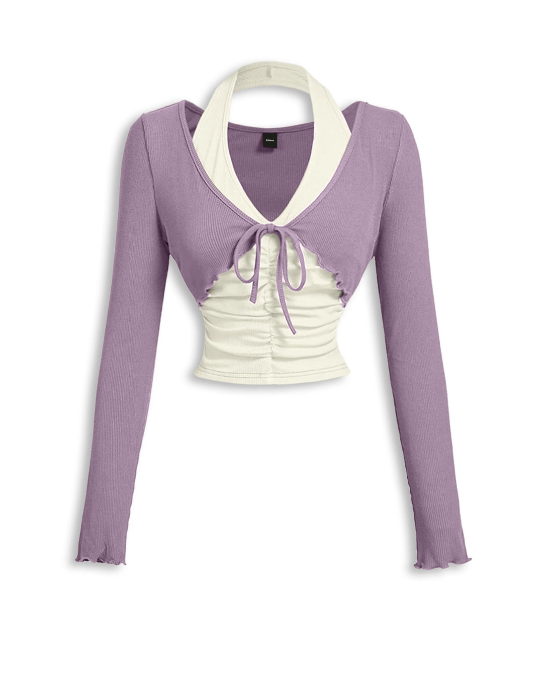 Halter Neck Straight Hem Full Sleeve 2-In-1 Crop Top in Lilac
