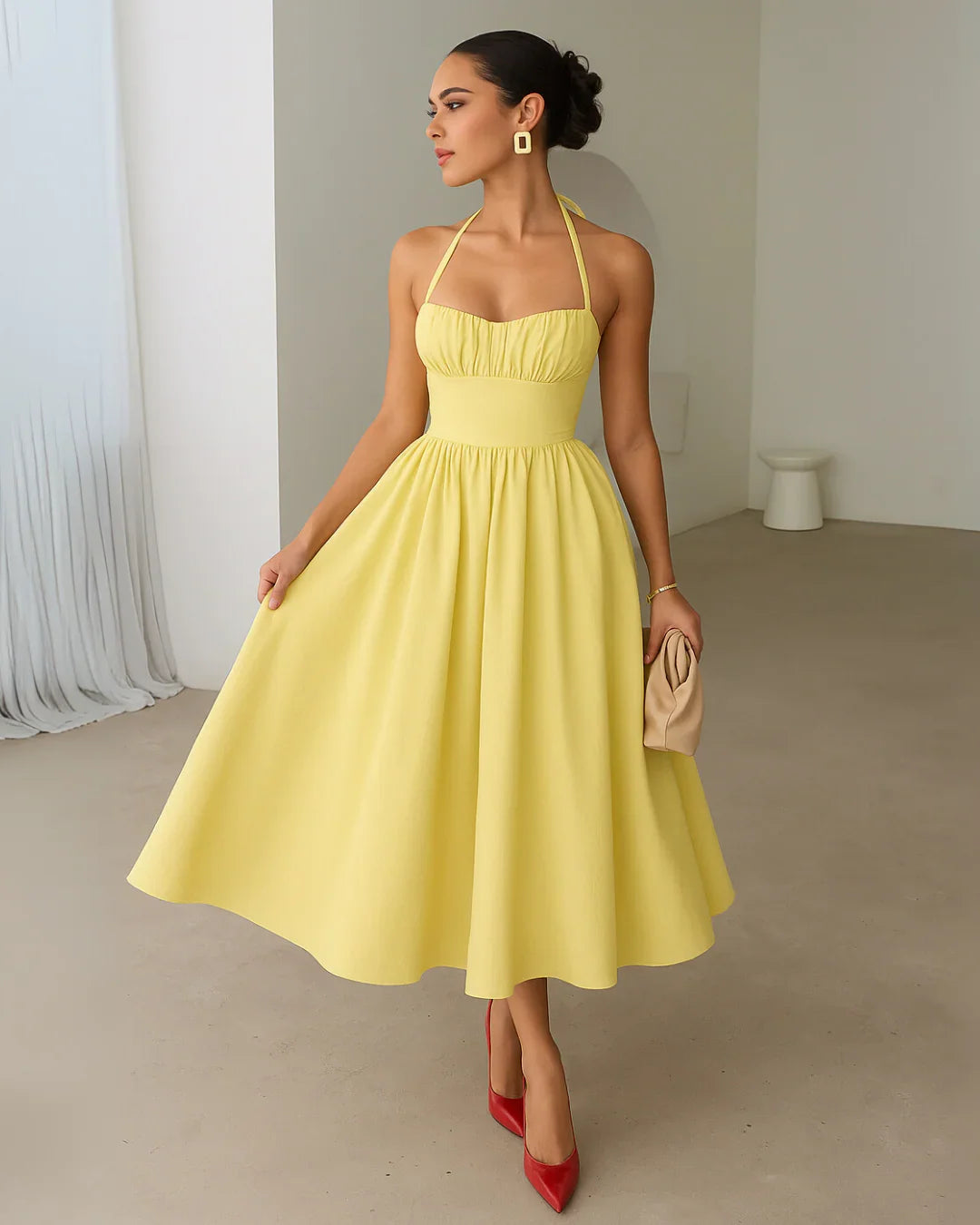 Halter Neck Tie-Back Fit and Flare Midi Dress in French Vanilla