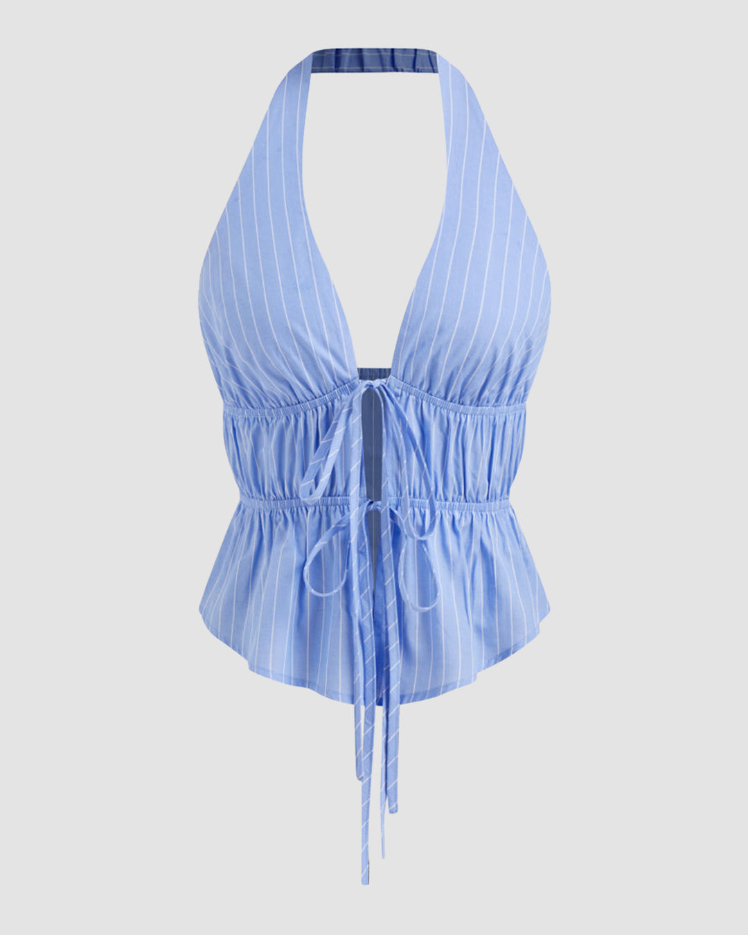 Halter Neckline Stripe Tie Front Tank Top in Baby Blue