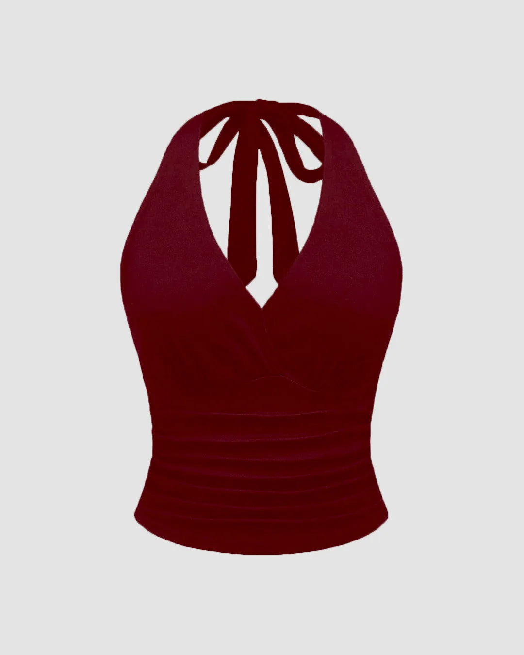 Halter Tie Waist Ruched Fitted Chic Glamour Burgundy Tank Top