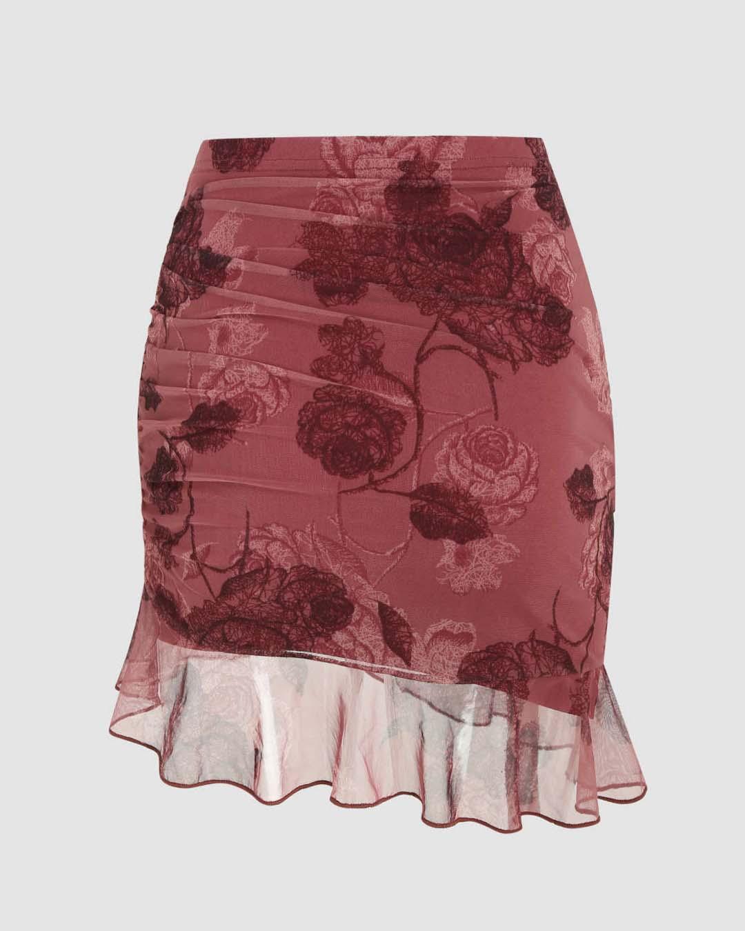Halter Tube Top & High Waist Floral Knotted Mini Skirt
