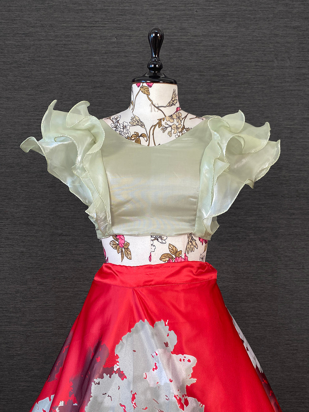 Red Color Heavy Dull Satin Floral Digital Printed Lehenga With Pista Color Varisa Silk Choli