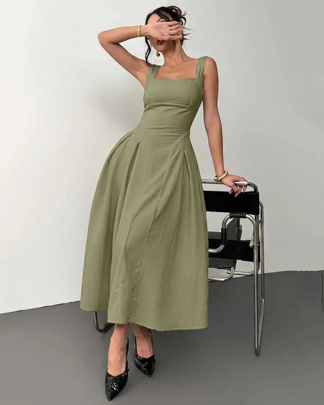 Herbal Square Neck Sleeveless A-Line Midi Dress