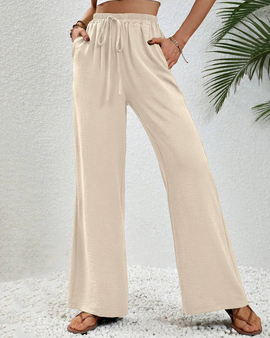 High-Rise Drawstring Wide Leg Pants in Beige