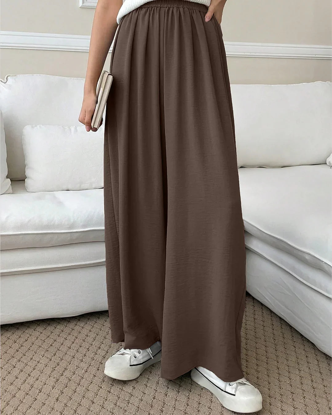 High-Rise Drawstring Wide Leg Pants in Chocolate