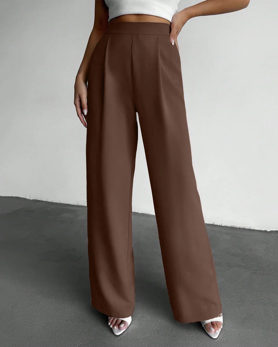 High-Waist Pleated Pocket Wide-Leg Casual Trousers in Rust