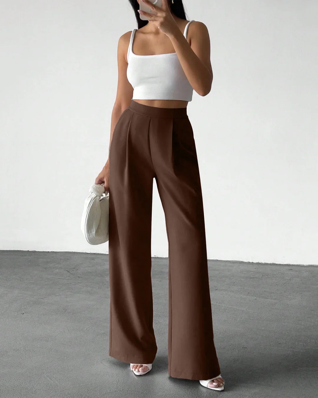 High-Waist Pleated Pocket Wide-Leg Casual Trousers in Rust