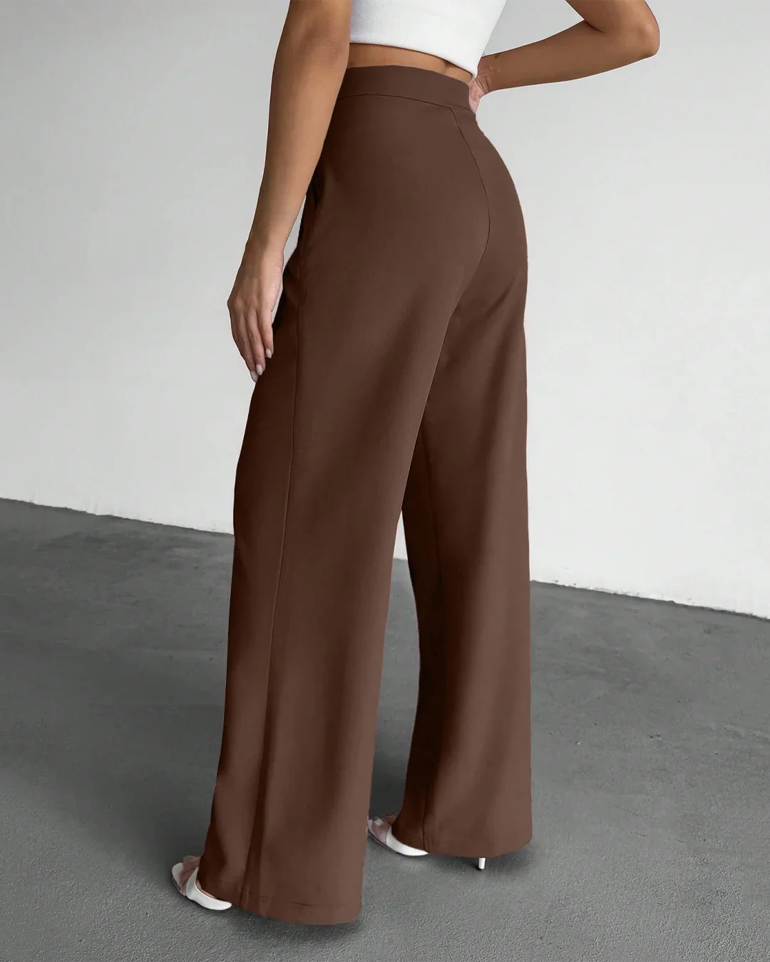 High-Waist Pleated Pocket Wide-Leg Casual Trousers in Rust