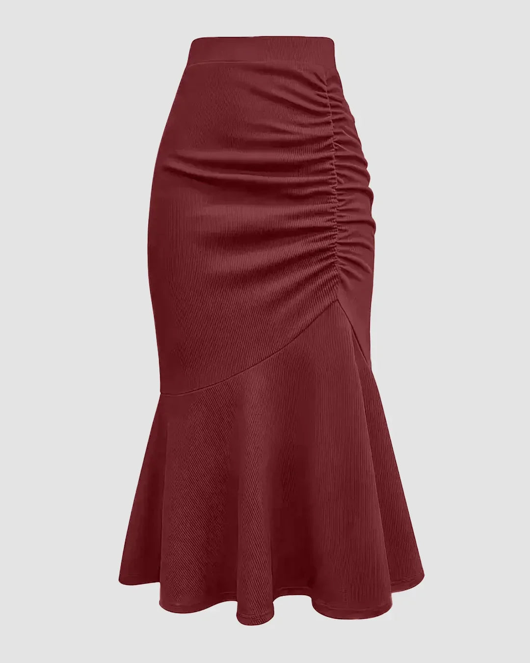 High-Waist Ruched Mermaid-Hem Midi Skirt in Maroon