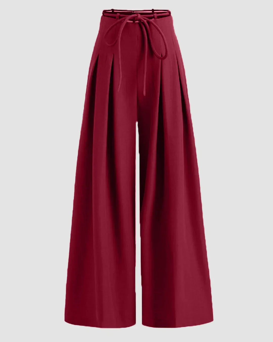 High-Waist Tie-Belt Pleated Wide-Leg Trousers in Burgundy