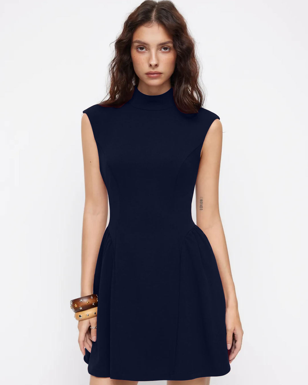High Neck Fit and Flare A-Line Sleeveless Mini Dress in Dark Navy Blue