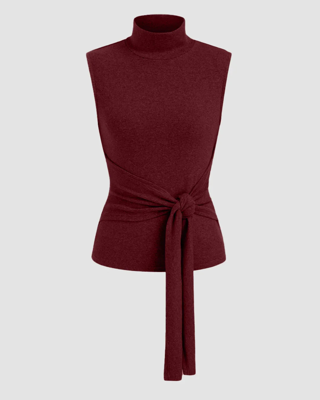 High Neck Sleeveless Knotted Top in Burgundy