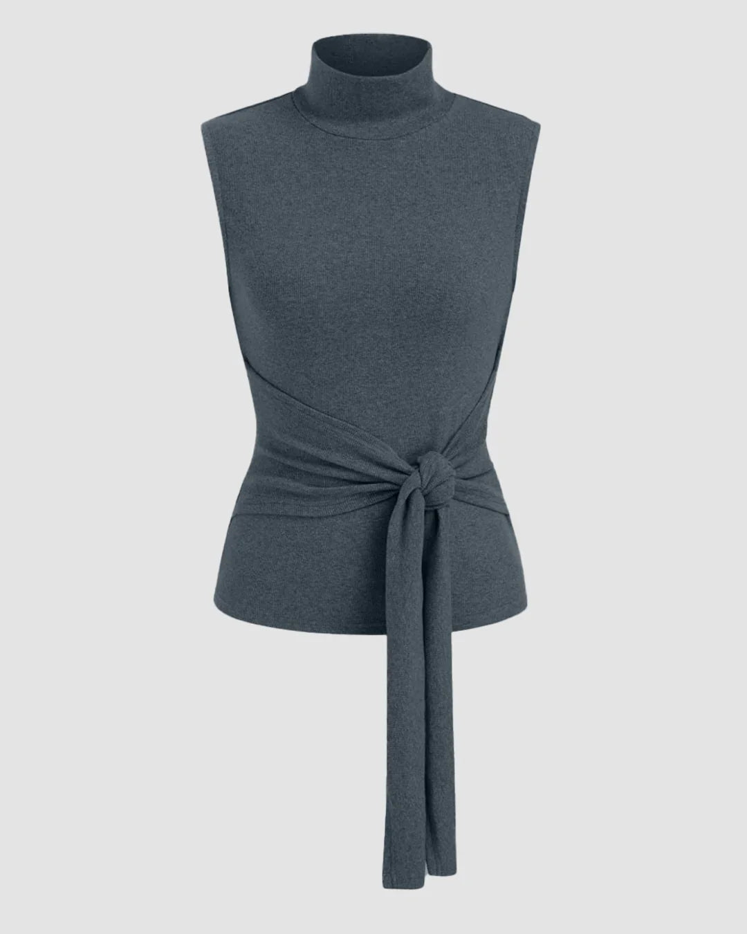 High Neck Sleeveless Knotted Top in Grey