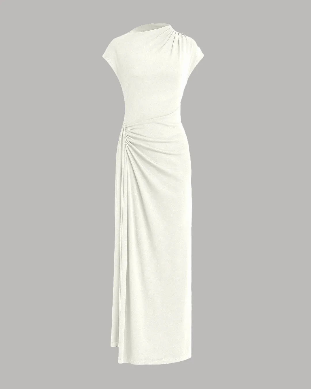 High Neck Draped Waist Maxi Dress in Milky White