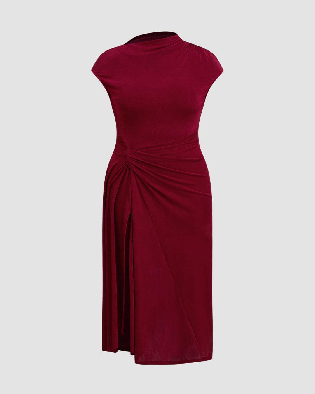 High Neck Twist Ruched Split Maxi Dress Curve & Plus In Redberry