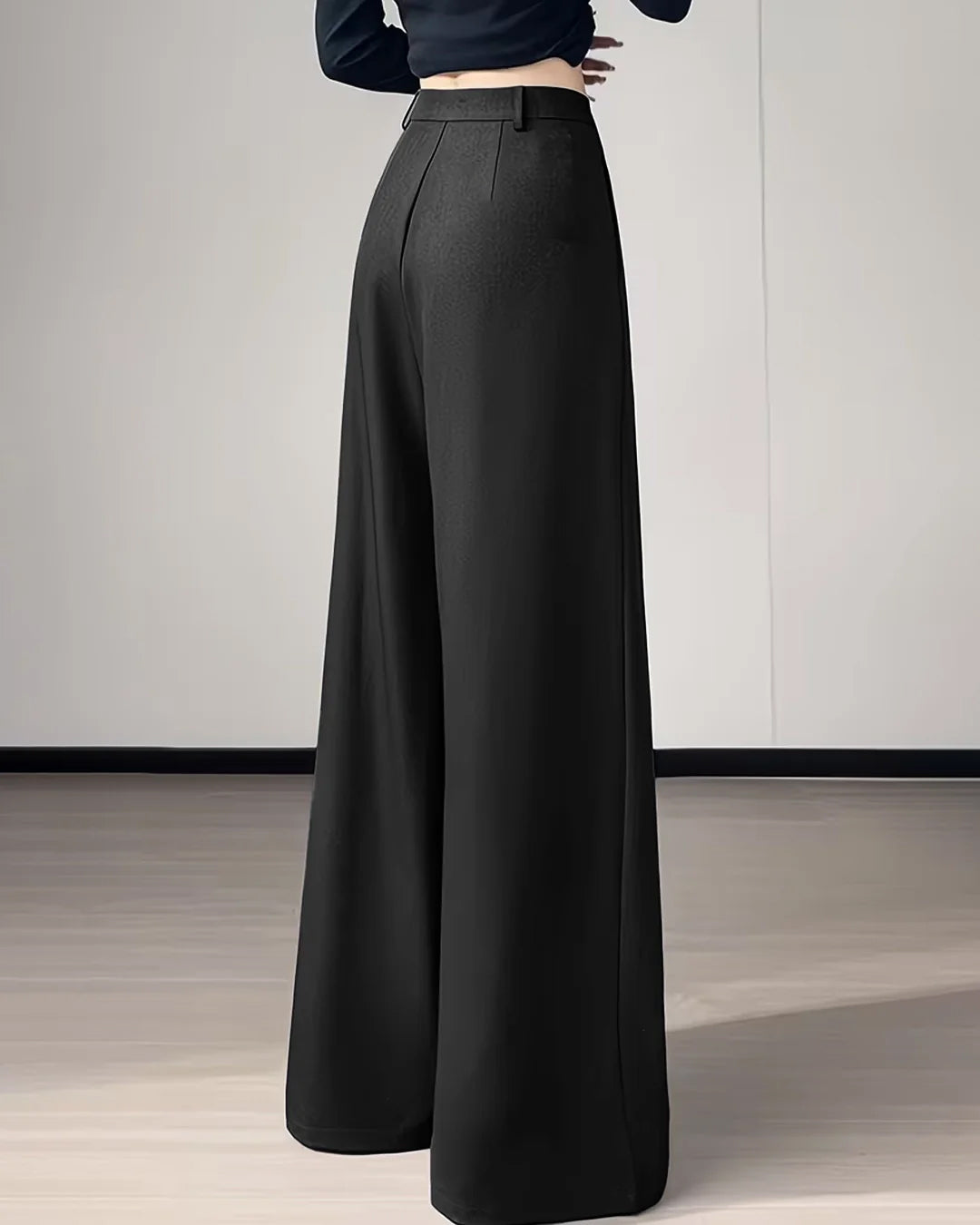 High Waist Pleated Slim Fit Wide Leg Straight Pants in Black