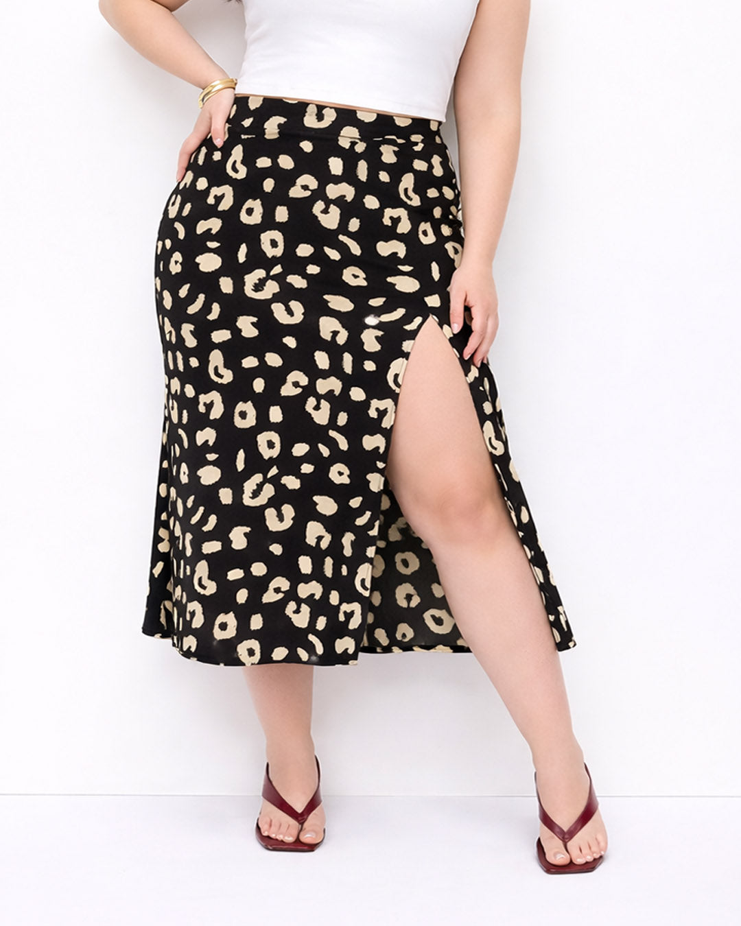 High Waist Slit Animal Print Midi Skirt Curve & Plus