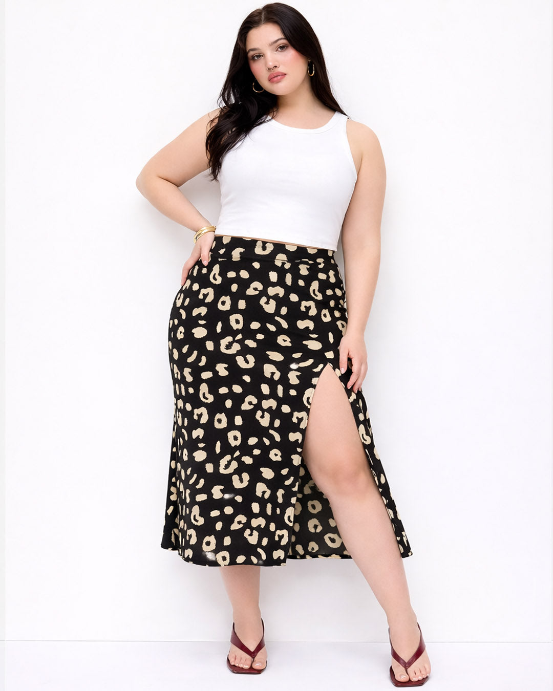 High Waist Slit Animal Print Midi Skirt Curve & Plus