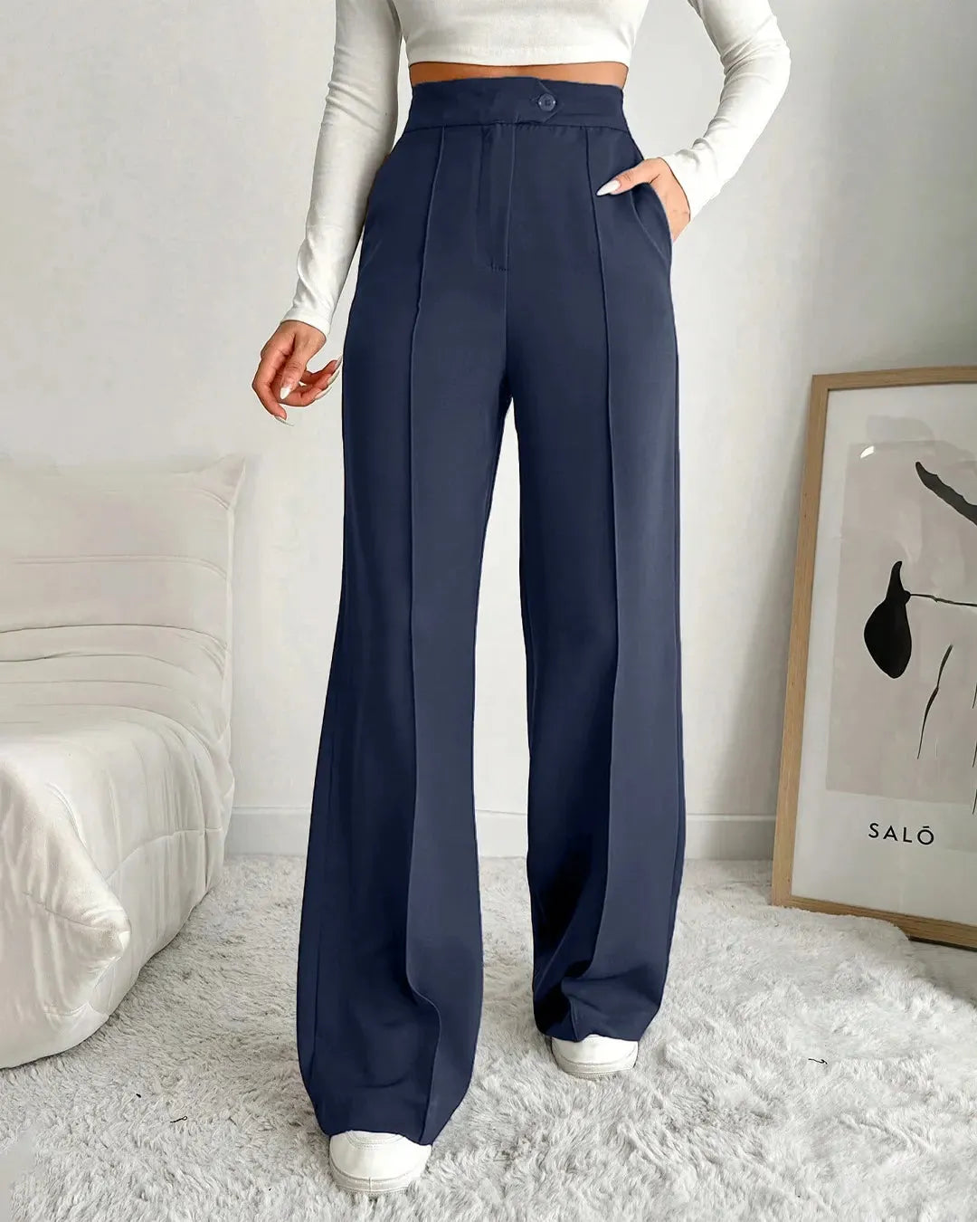 High Waist Wide Leg Formal Trousers in Navy Blue