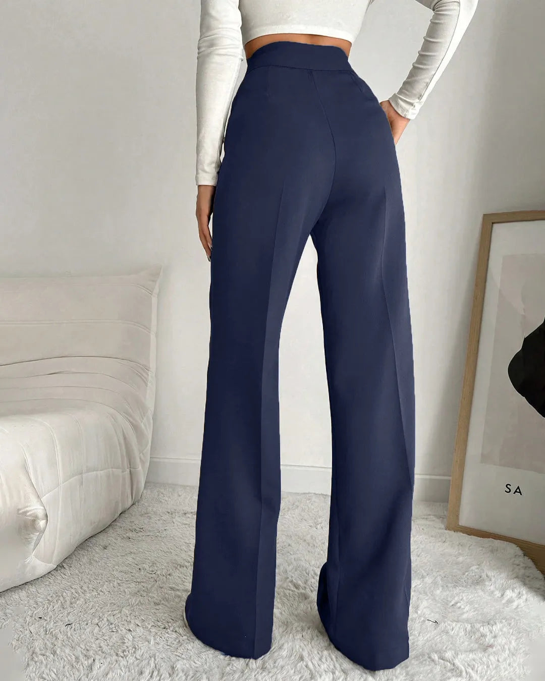 High Waist Wide Leg Formal Trousers in Navy Blue