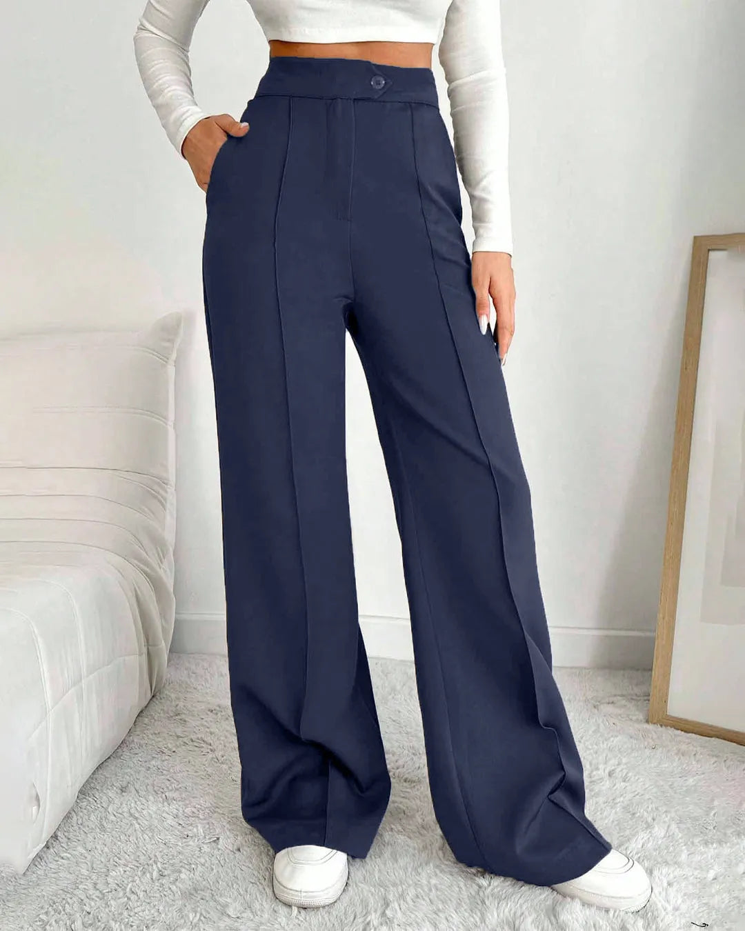 High Waist Wide Leg Formal Trousers in Navy Blue