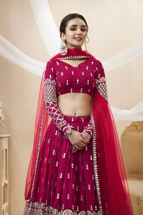 Hot Pink Embroidered Bridal Lehenga Choli in Georgette