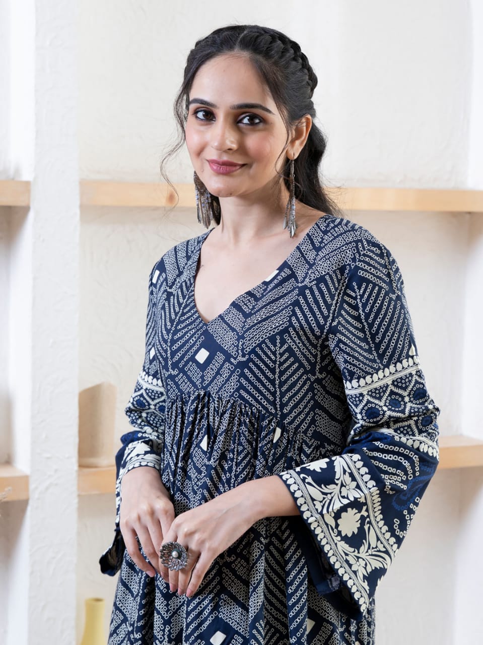 Stunning Blue Printed Rayon Aliya Kurti with Bell Sleeves and Pocket