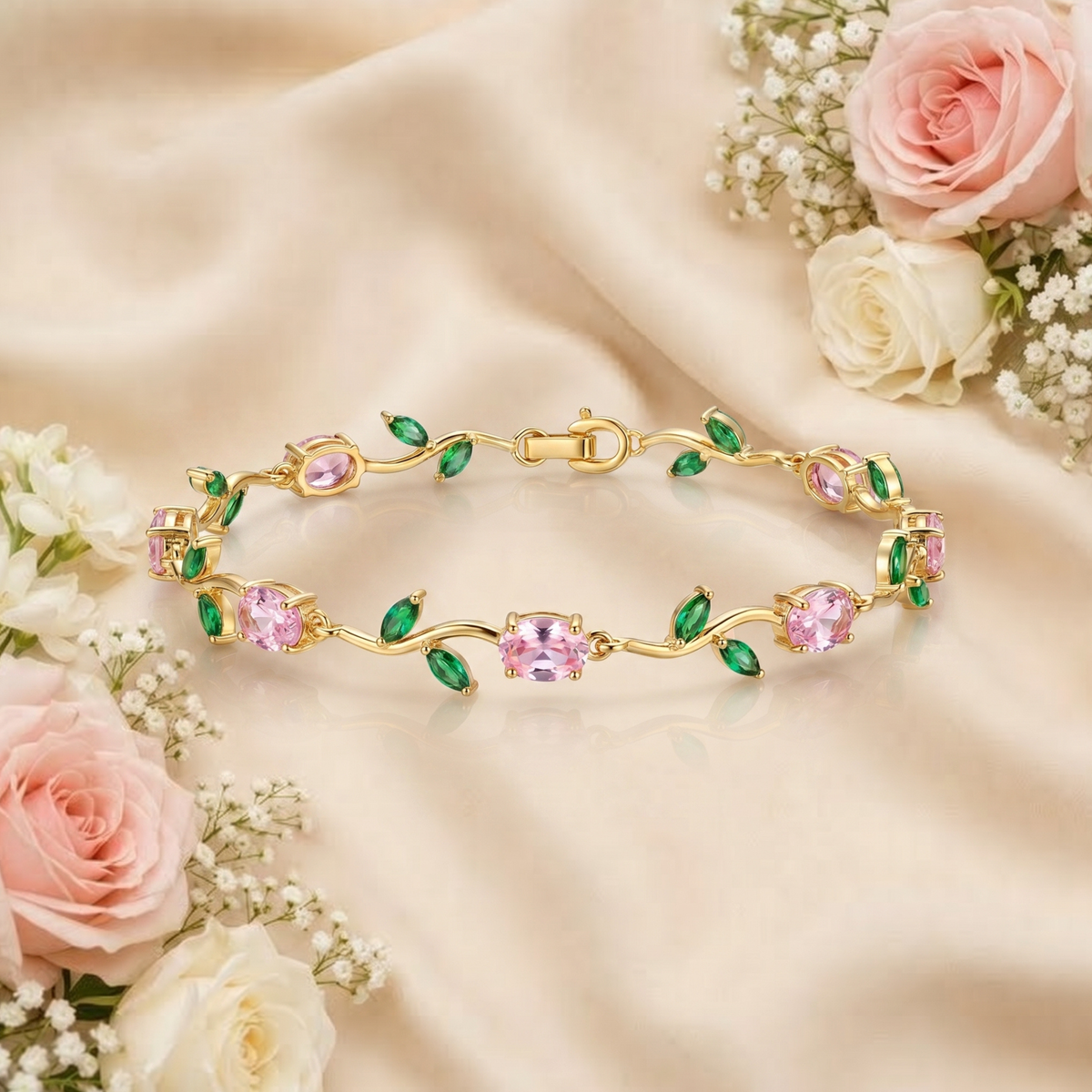 Pink Green Tulip Bracelet (Gold )