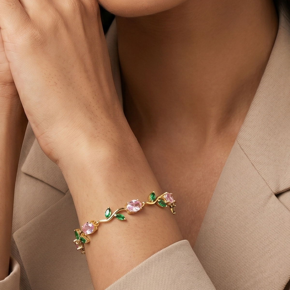 Pink Green Tulip Bracelet (Gold )