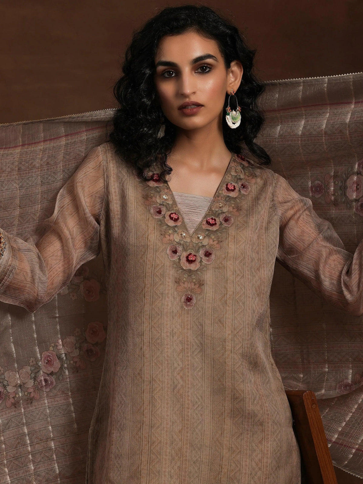 Anouk Tan Printed Organza Straight Suit With Dupatta