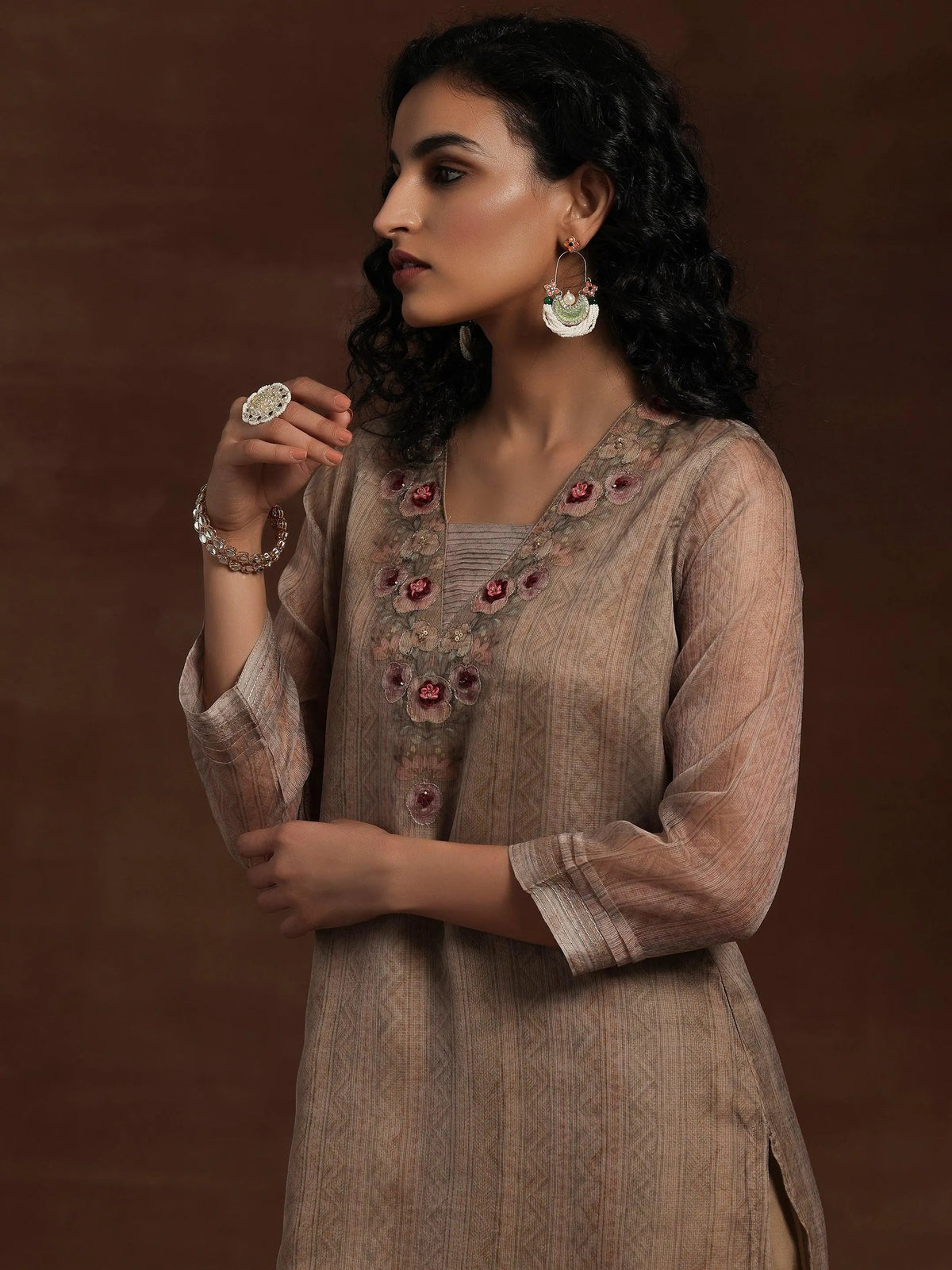 Anouk Tan Printed Organza Straight Suit With Dupatta