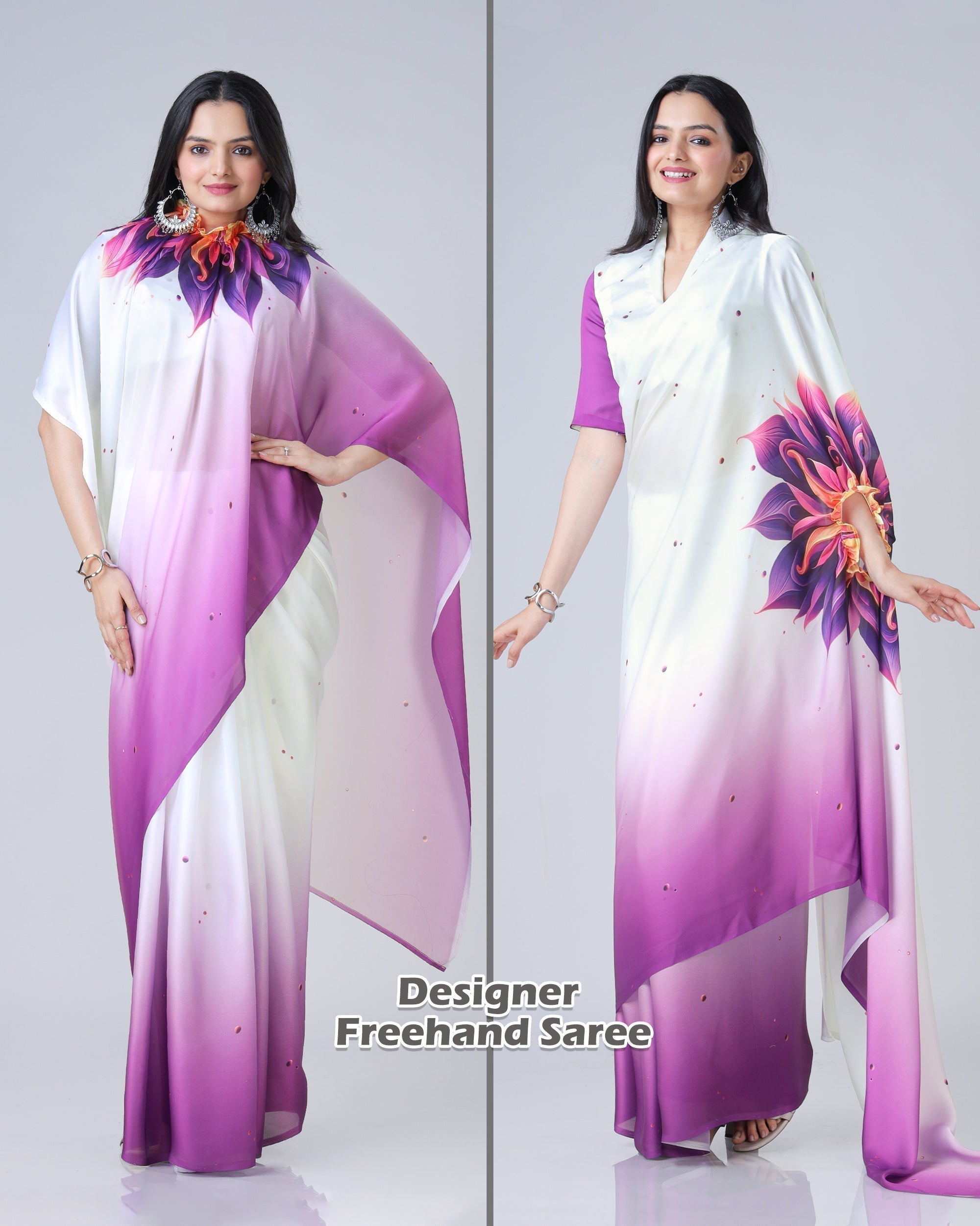 Soft Peach Designer Freehand Mandala Print Saree in Georgette Satin – Ready to Wear