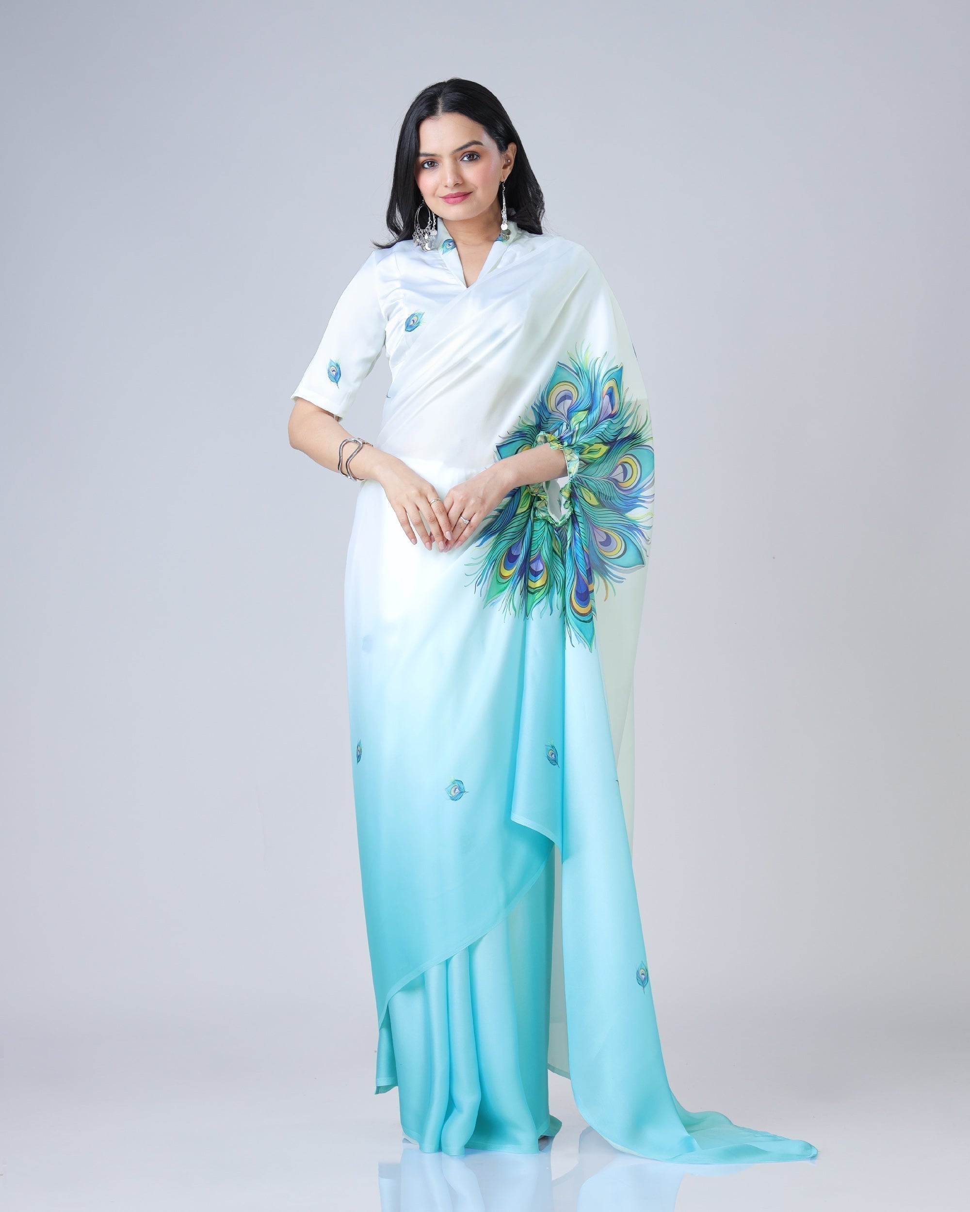 Elegant Sky Blue & White Peacock Feather Print Freehand Saree in Georgette Satin – Ready to Wear