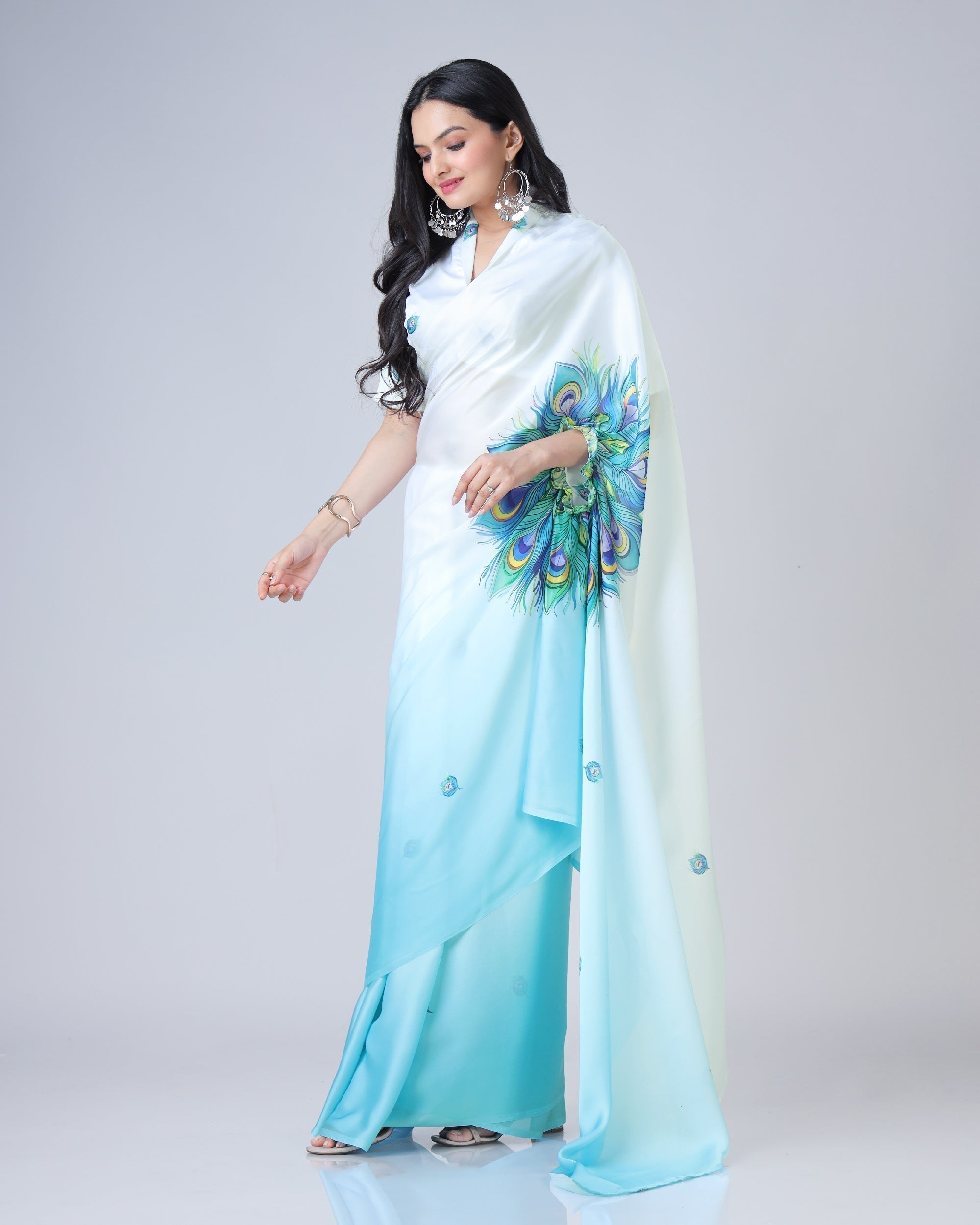 Elegant Sky Blue & White Peacock Feather Print Freehand Saree in Georgette Satin – Ready to Wear