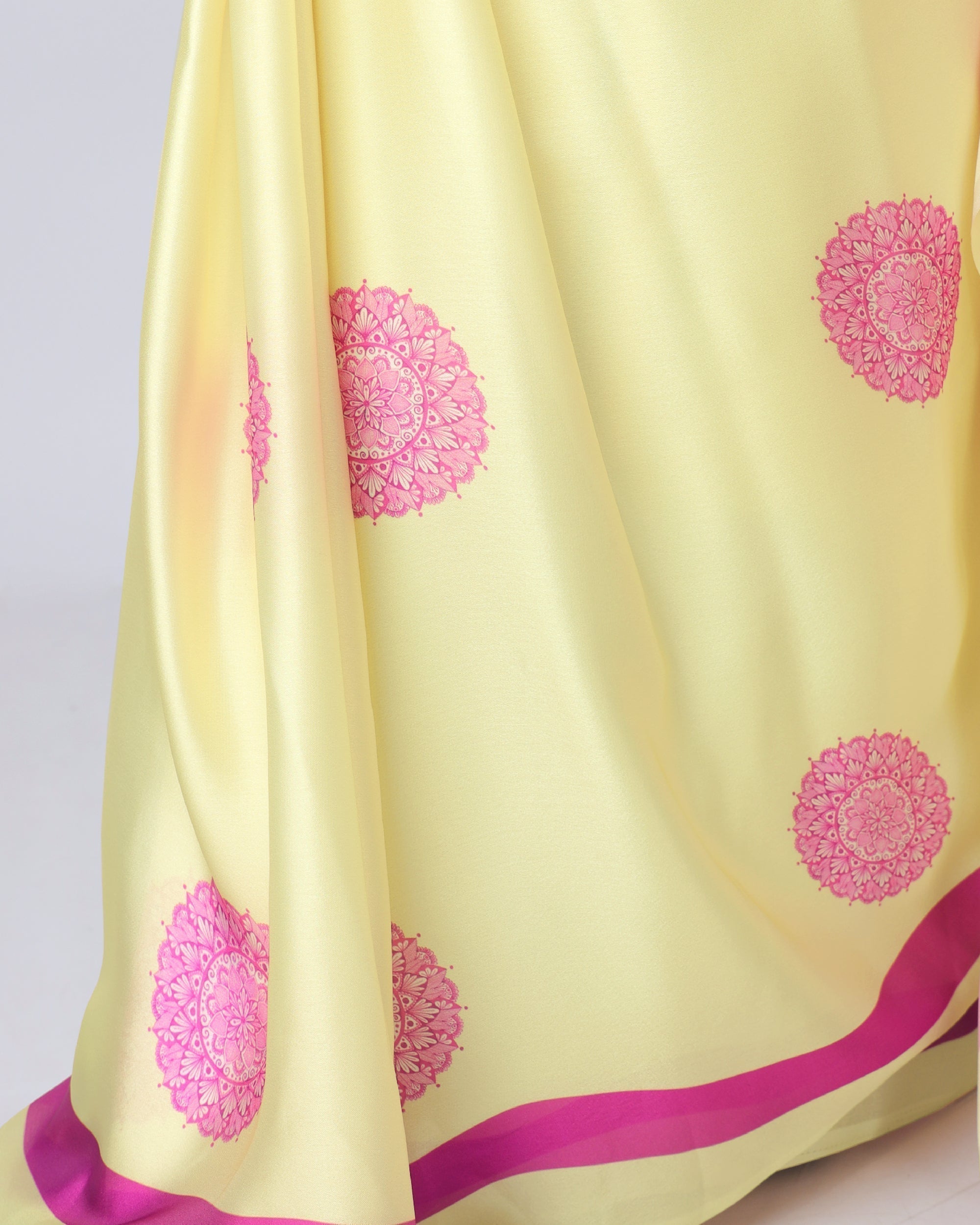Yellow Georgette Satin Saree with Pink Mandala Freehand Print & Designer Border – Ready to Wear Elegance
