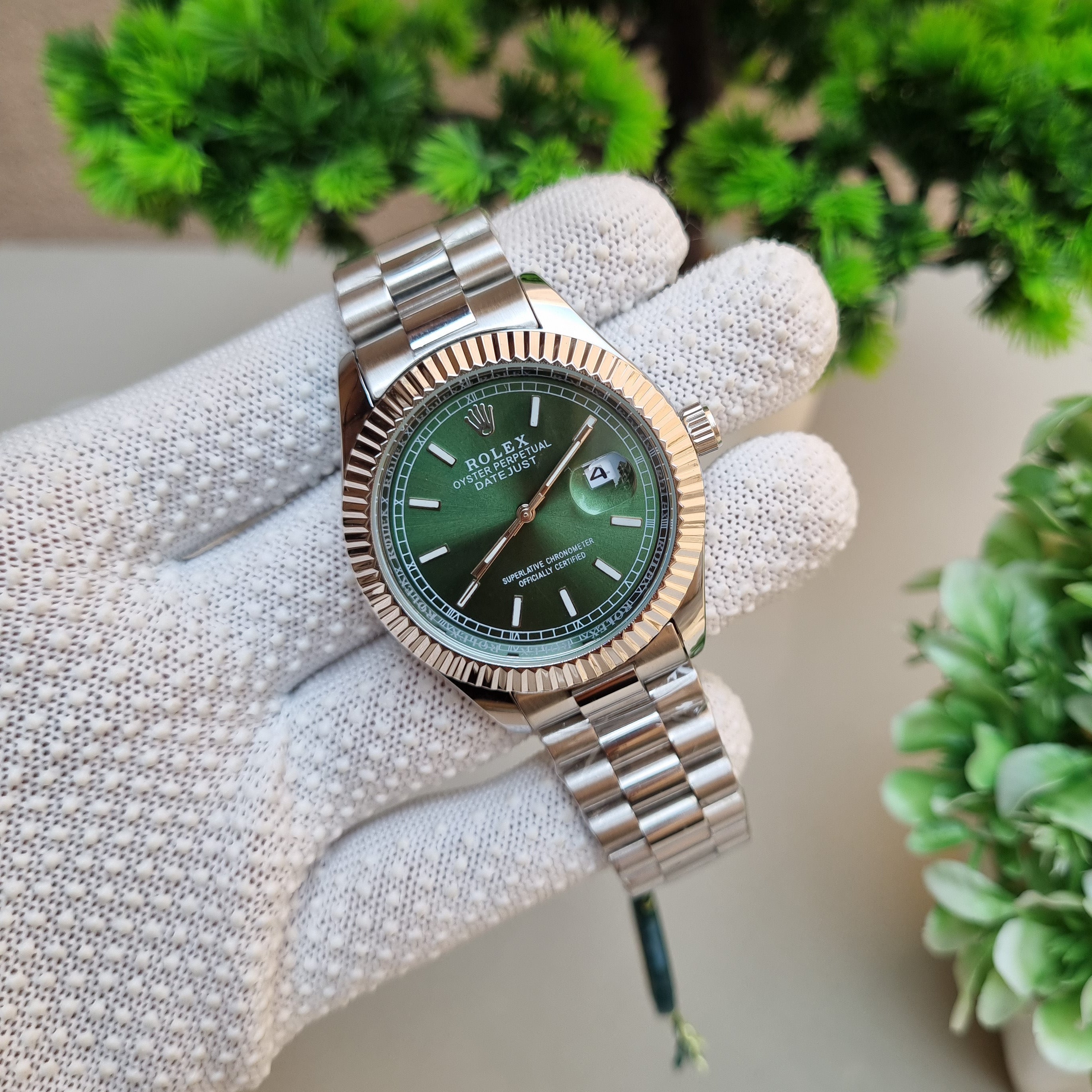 Role_x Date Just Silver/Green Watch