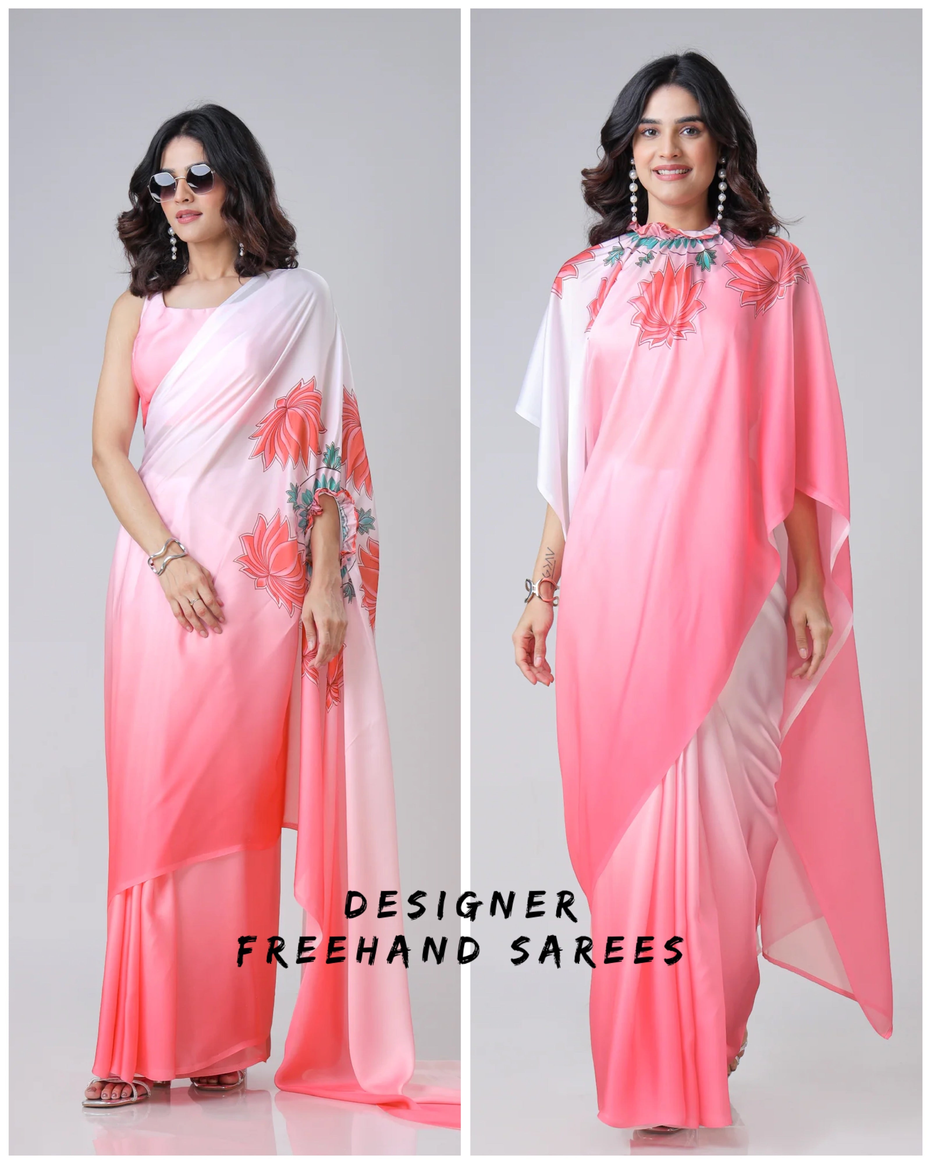 Blush Pink Ombre Freehand Floral Print Saree in Georgette Satin – Ready to Wear Designer Elegance