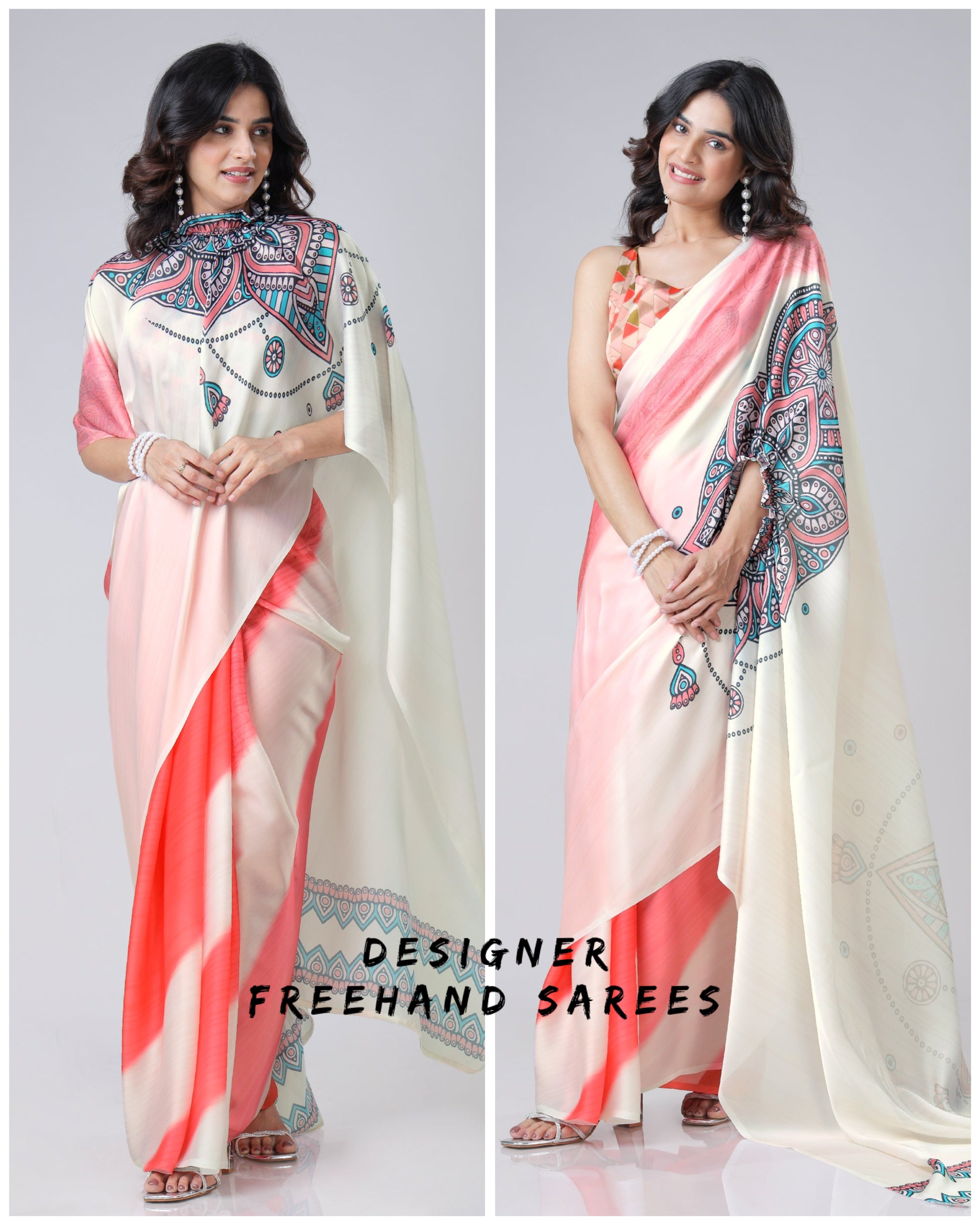 Coral Cream Mandala Print Freehand Saree – Handsfree Draping Elegance