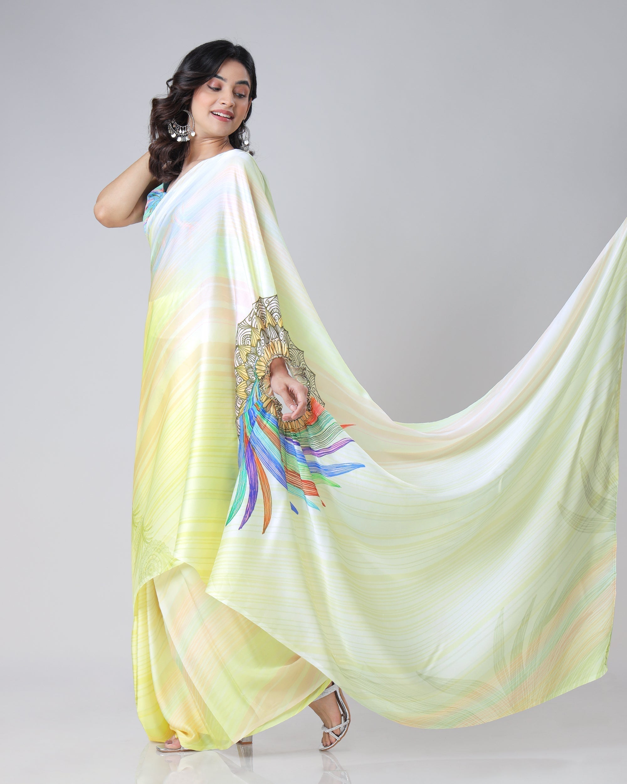 Lemon Yellow Rainbow Feather Freehand Saree – Modern Artistry with Handsfree Drape