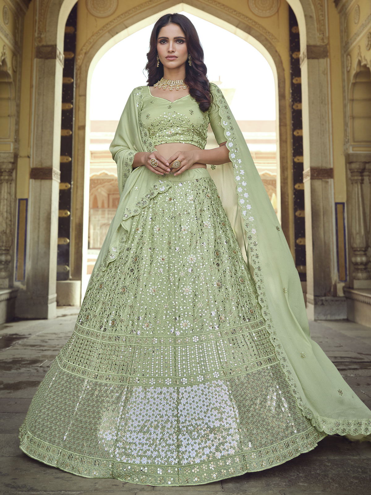 Pista Green Georgette Partywear Lehenga Choli